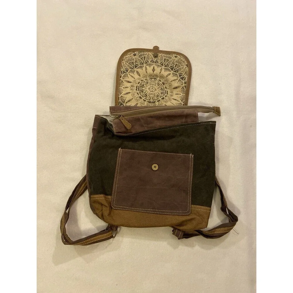 Boho Leather Backpack Mandala Print Flap, Vintage Bag Tribal Pattern Rucksack